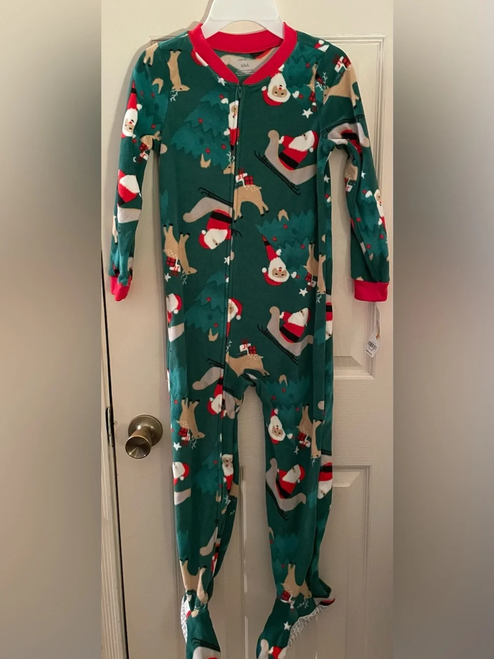 Kids Holiday Santa Reindeer One-Piece Pajamas - Green Carters Size 6 NWT